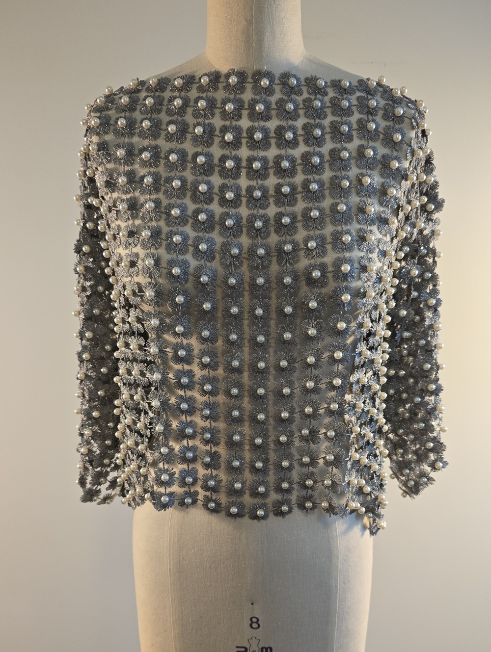 Embellished Gray Pearl-Trim Knit Top